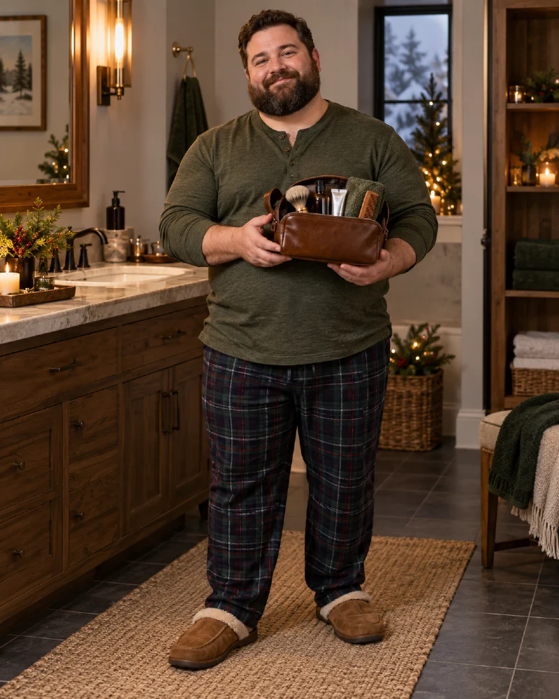 Brown Toiletry Bag, Olive Henley Shirt, Plaid Lounge Pants