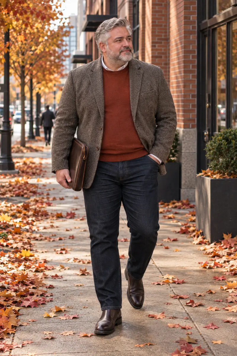 Brown Tweed Blazer With Rust Sweater and Dark Jeans