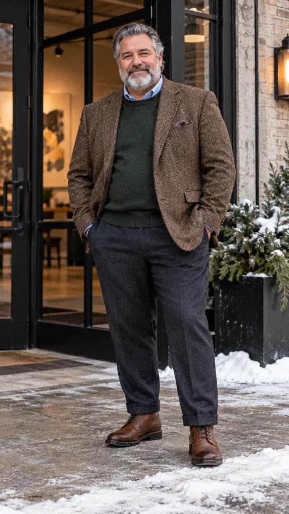 Brown Tweed Blazer and Forest Green Knit