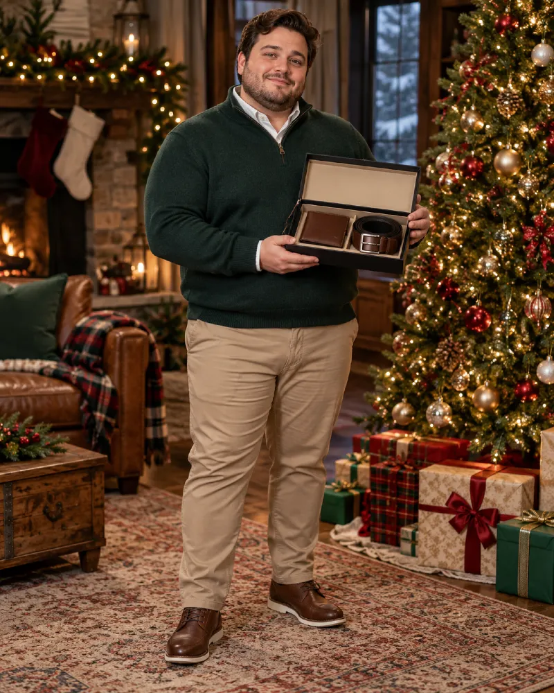 Brown Wallet and Belt Gift Set with Green Quarter-Zip Sweater
