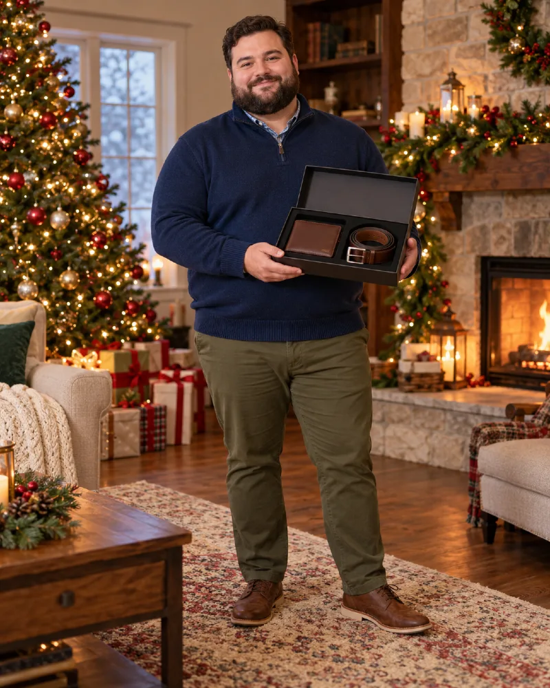 Brown Wallet and Belt Gift Set with Navy Quarter-Zip Sweater