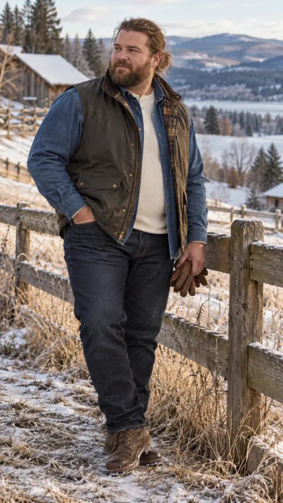 Brown Waxed Canvas Vest and Layered Denim