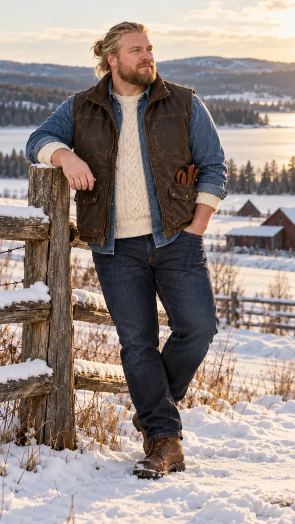 Brown Waxed Vest and Layered Cable Knit