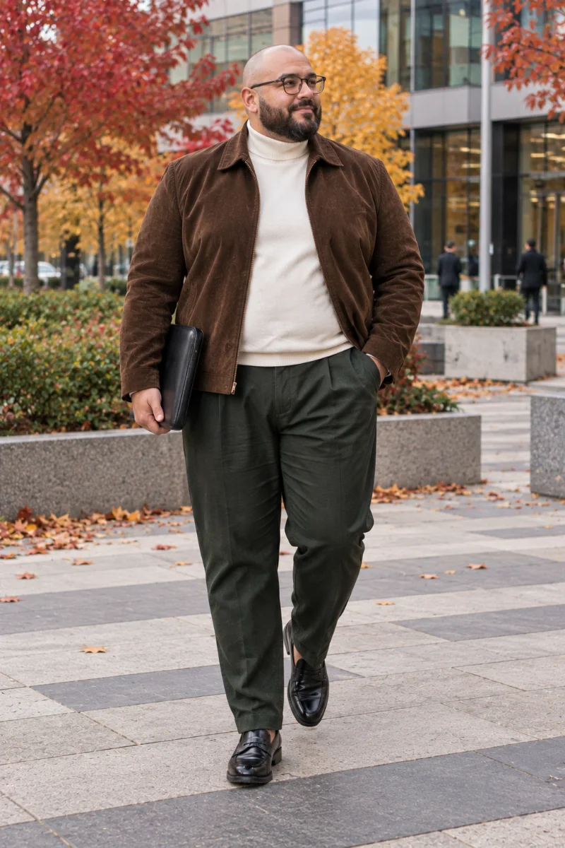 Brown Zip Jacket With Cream Turtleneck and Olive Trousers