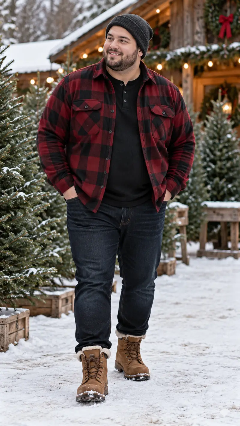 Buffalo Plaid Flannel Overshirt, Black Henley, Dark Jeans, and Winter Boots