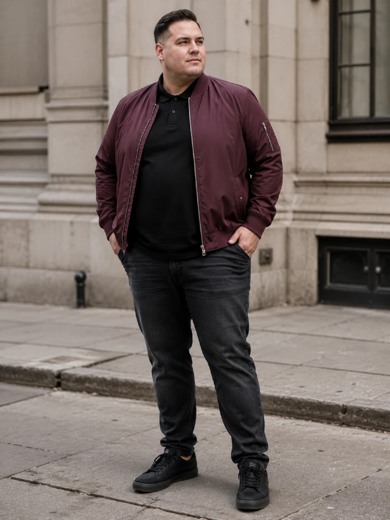 Burgundy Bomber Jacket, Black Polo, and Charcoal Jeans