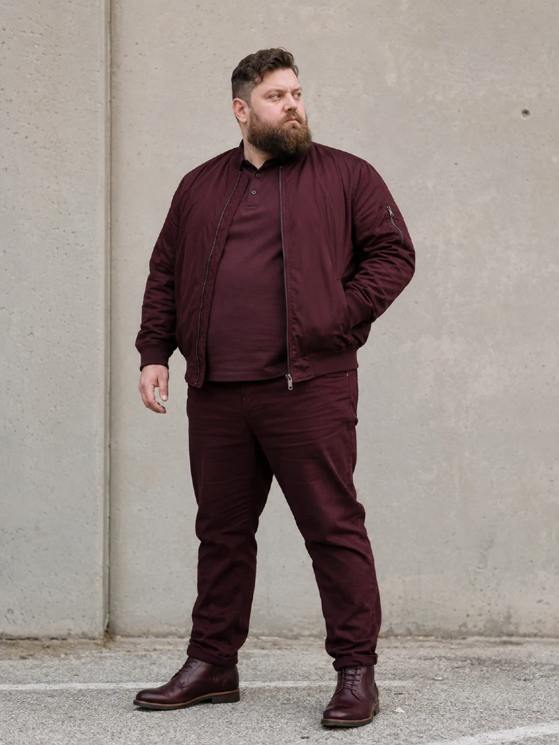 Burgundy Bomber Jacket, Polo Shirt, and Trousers