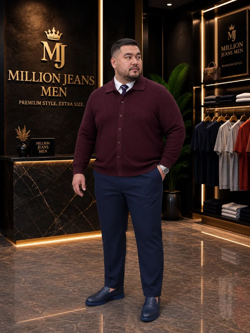 Burgundy Button Cardigan, White Dress Shirt, Navy Trousers