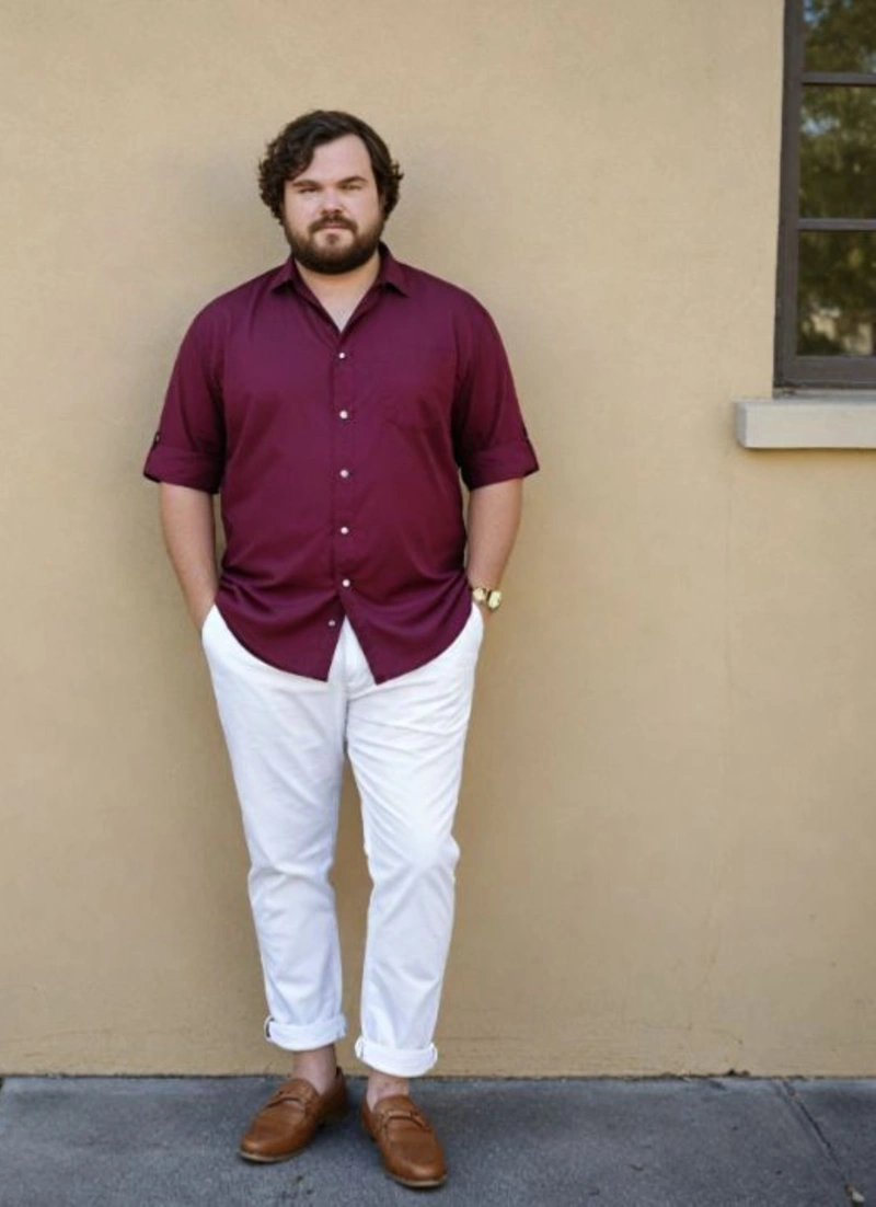 Burgundy Button-Down Shirt and White Trousers