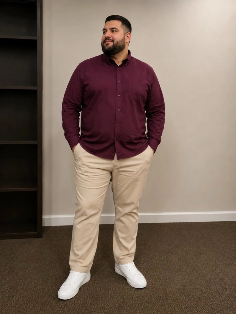  Burgundy Button-Down with Beige Chinos