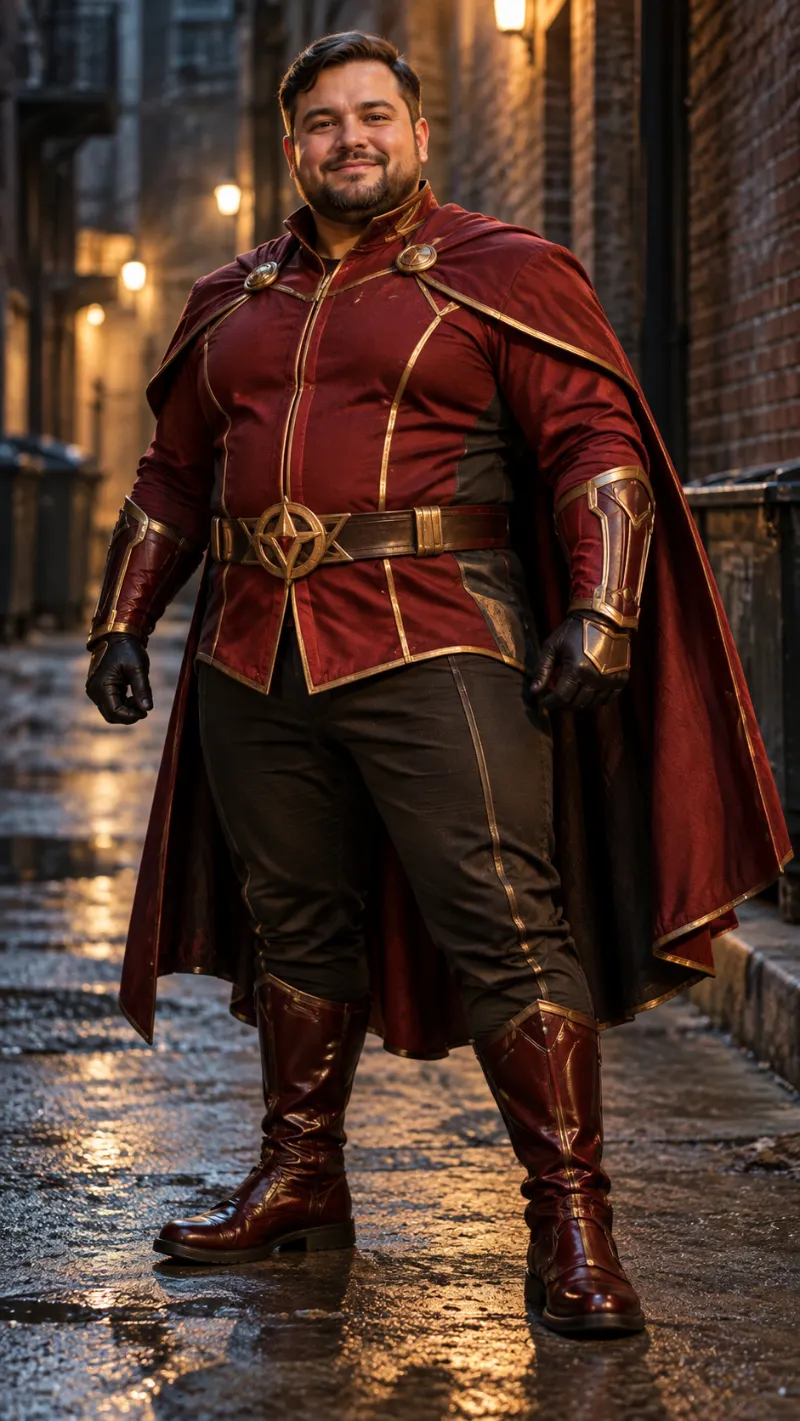 Burgundy Cape, Gold-Trim Hero Jacket & Tall Boots