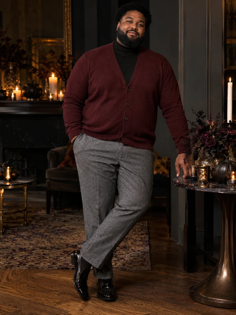Burgundy Cardigan With Black Turtleneck and Gray Trousers