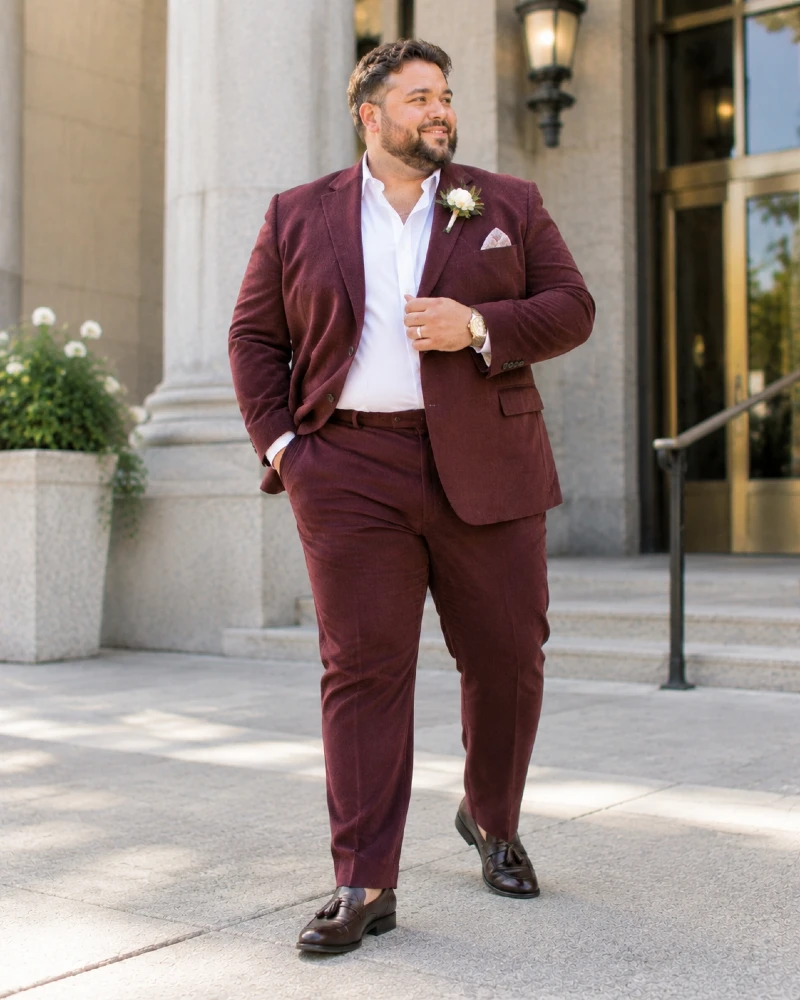 Burgundy Corduroy Suit with Dark Brown Loafers