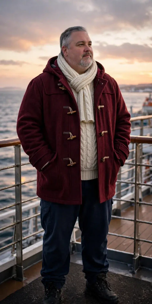 Burgundy Duffle Coat and Cream Knit Layers