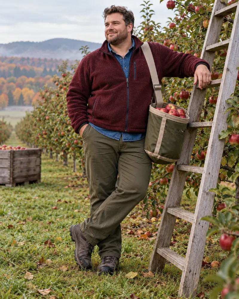 Burgundy Fleece Jacket, Blue Shirt, Olive Pants & Hiking Boots Outfit