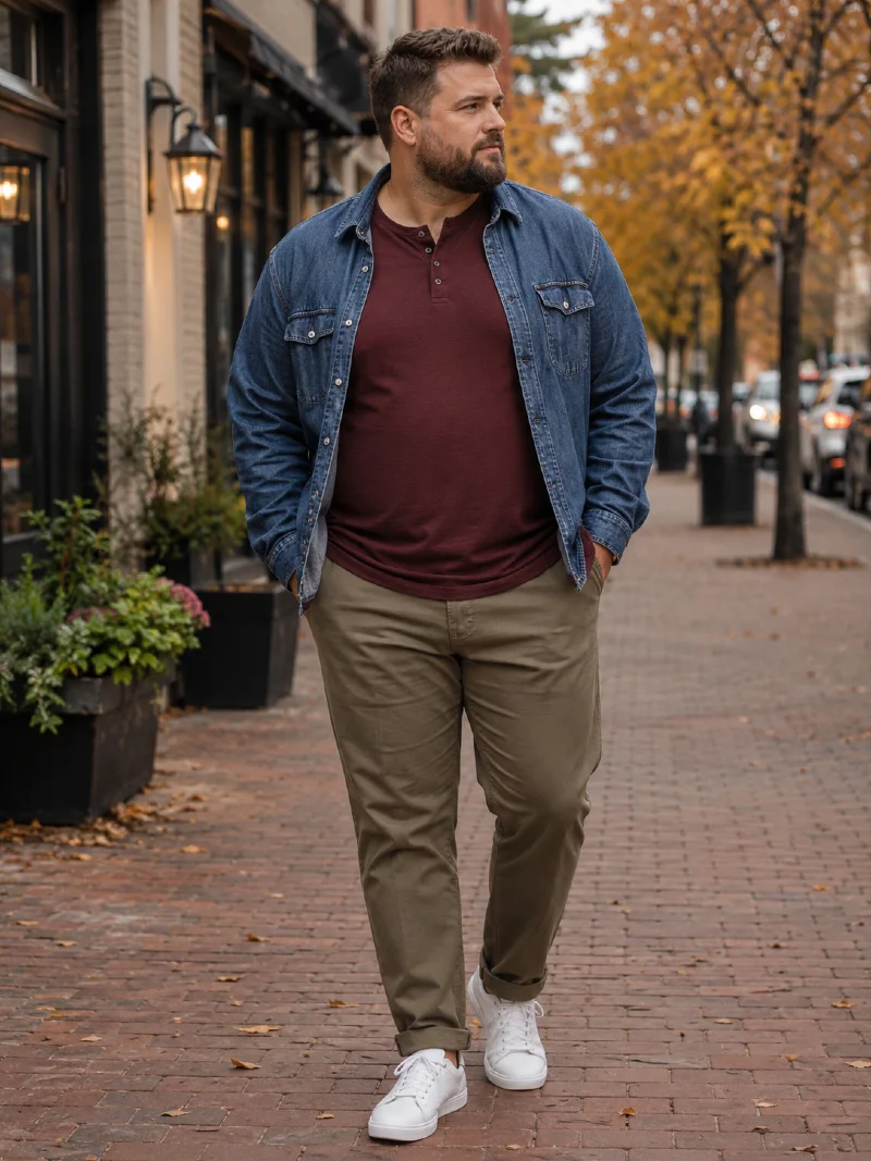 Burgundy Henley, Denim Shirt, and Olive Chinos