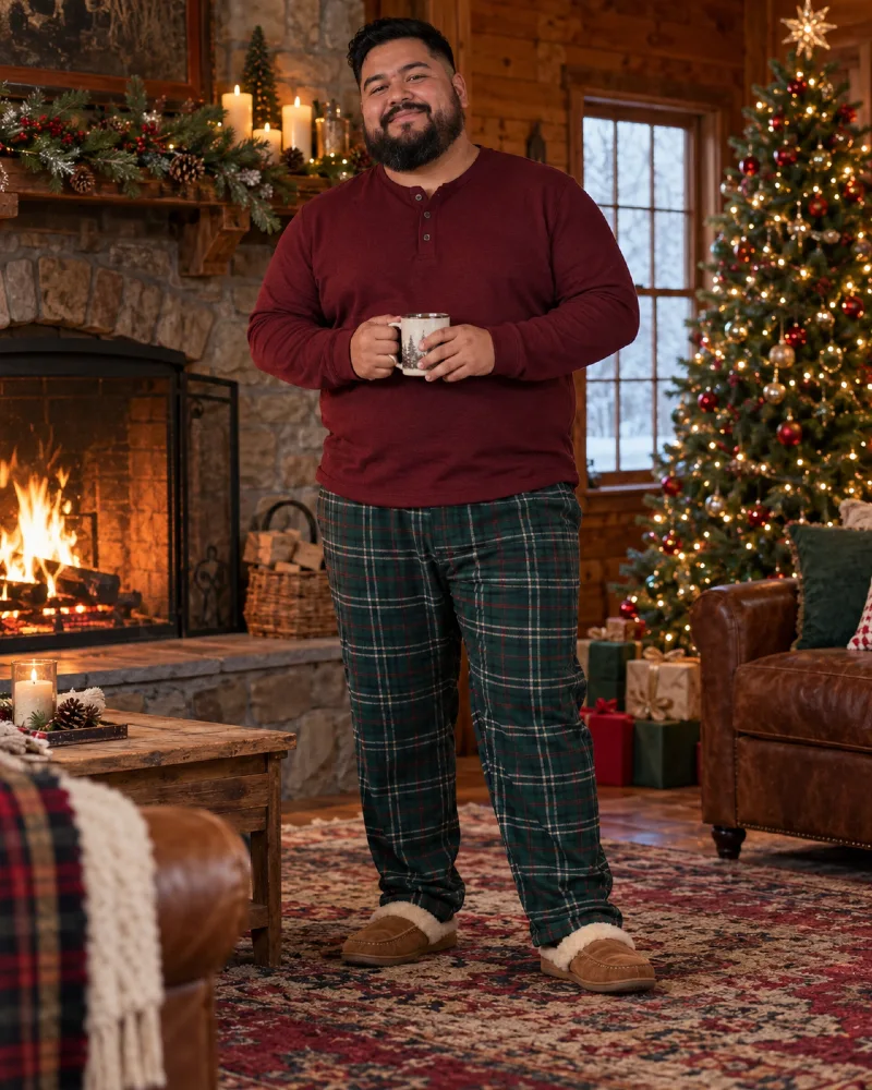 Burgundy Henley With Green Plaid Pajama Pants