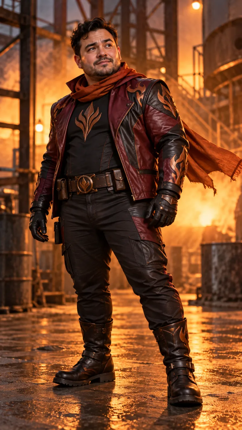 Burgundy Hero Jacket, Black Cargo Pants & Combat Boots
