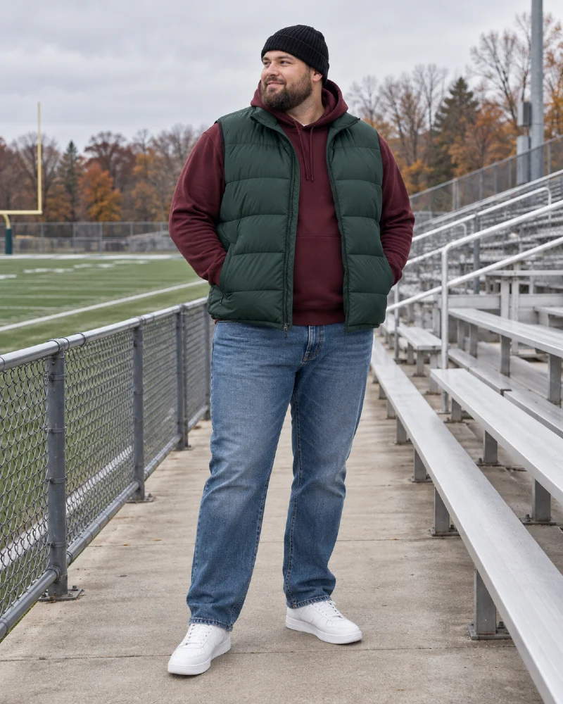 Burgundy Hoodie and Green Puffer Vest for a Cold Football Game