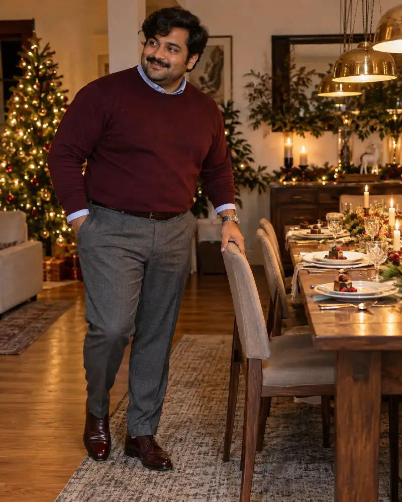 Burgundy Knit and Tailored Grey Trousers