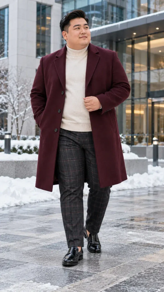Burgundy Overcoat and Plaid Trousers