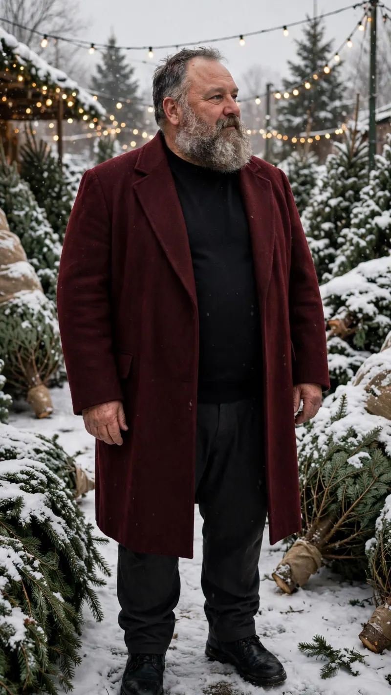 Burgundy Overcoat with Black Crew Neck Sweater and Charcoal Trousers