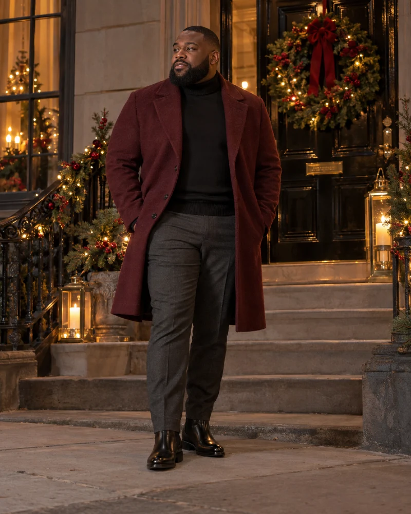 Burgundy Overcoat with Black Turtleneck, Charcoal Trousers, and Chelsea Boots