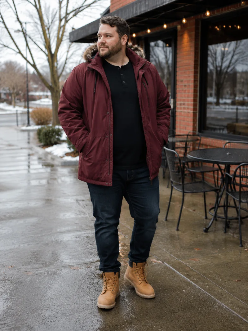 Burgundy Parka Jacket with Black Henley Shirt and Dark Jeans
