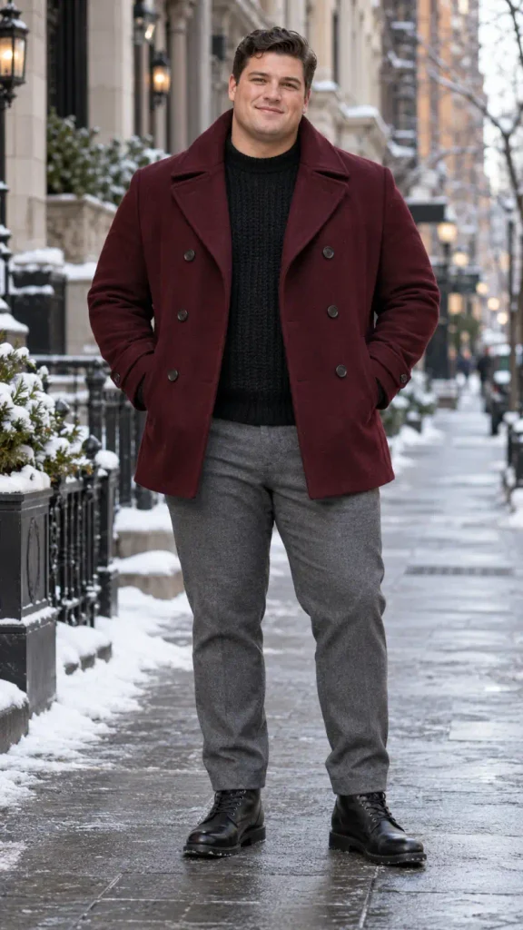 Burgundy Pea Coat and Grey Wool Trousers
