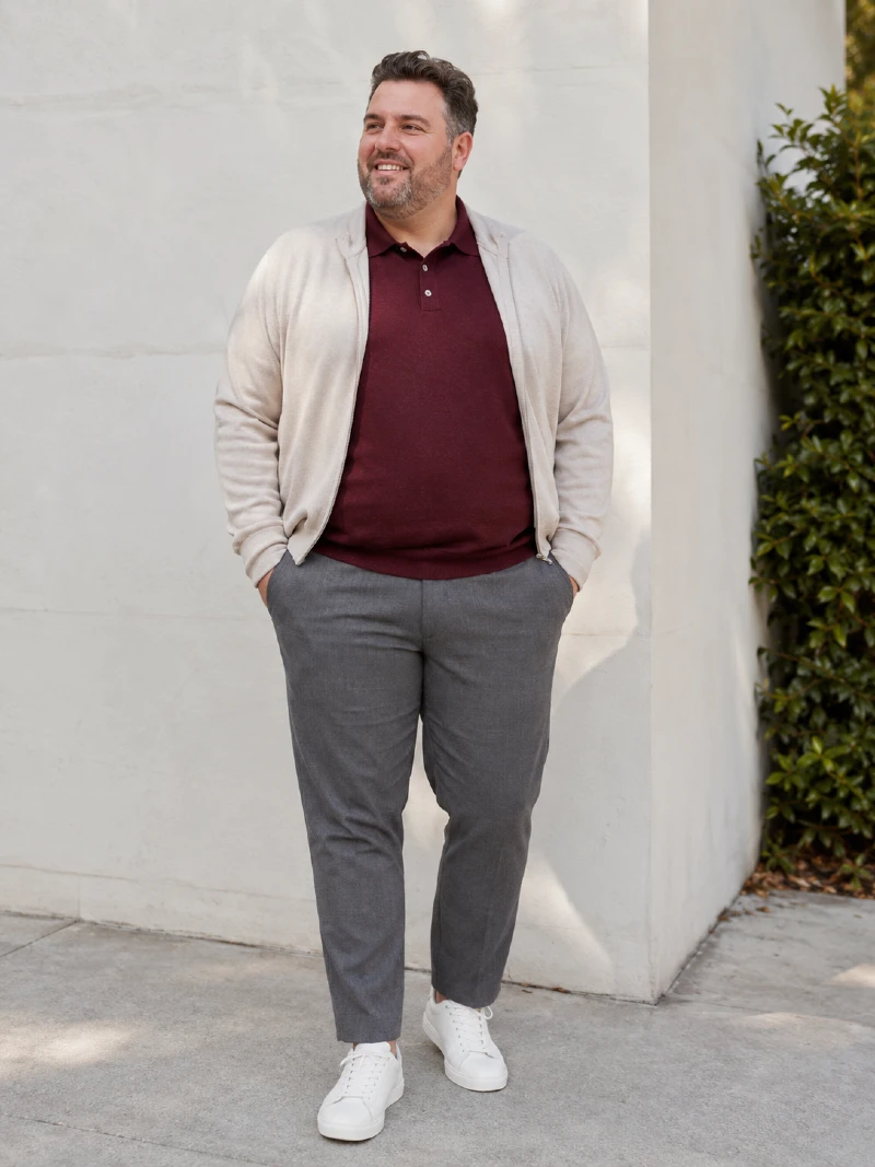 Burgundy Polo Shirt & Cream Cardigan