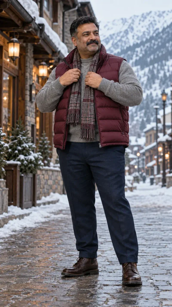 Burgundy Puffer Vest and Plaid Scarf