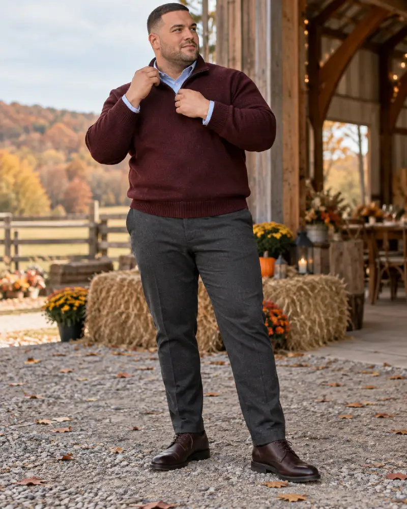 Burgundy Quarter Zip Over Crisp Blue Cotton