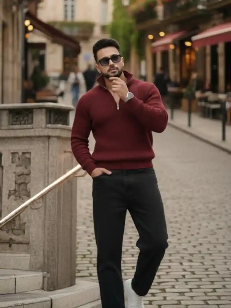 Burgundy Quarter-Zip Sweater and Black Jeans