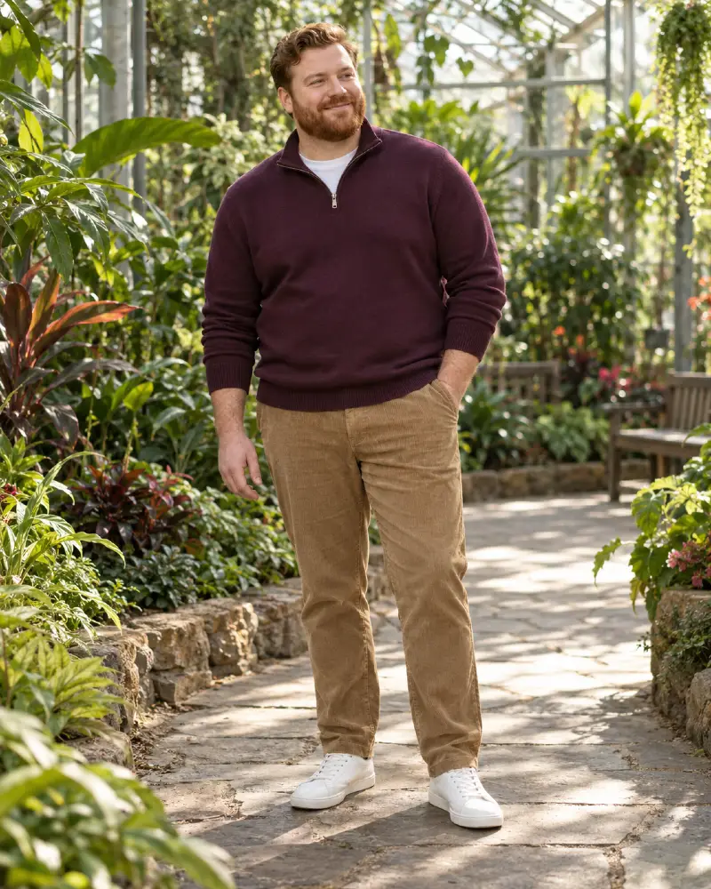 Burgundy Quarter Zip and Tan Corduroy Trousers