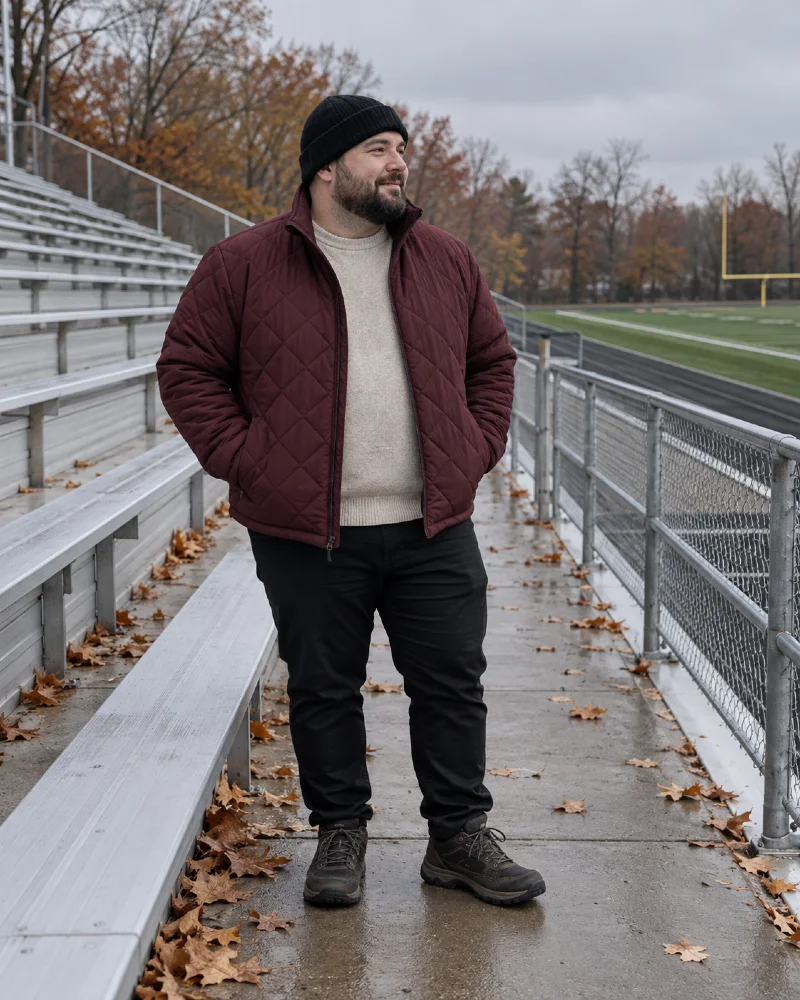 Burgundy Quilted Jacket and Cream Sweater for Cold Football Games