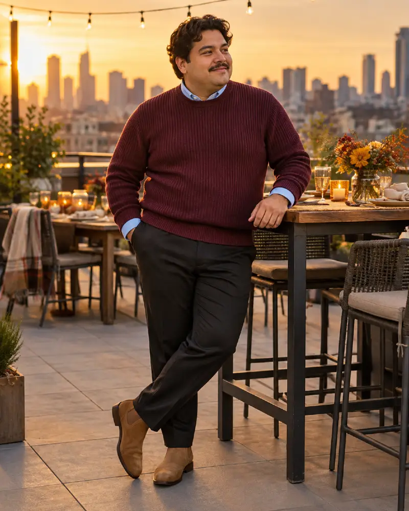 Burgundy Ribbed Knit Over Crisp Blue Cotton