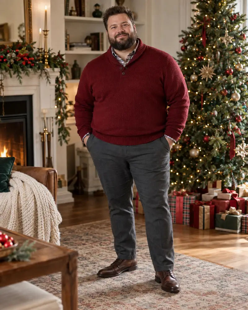 Burgundy Shawl Collar Knit And Flannel Trousers