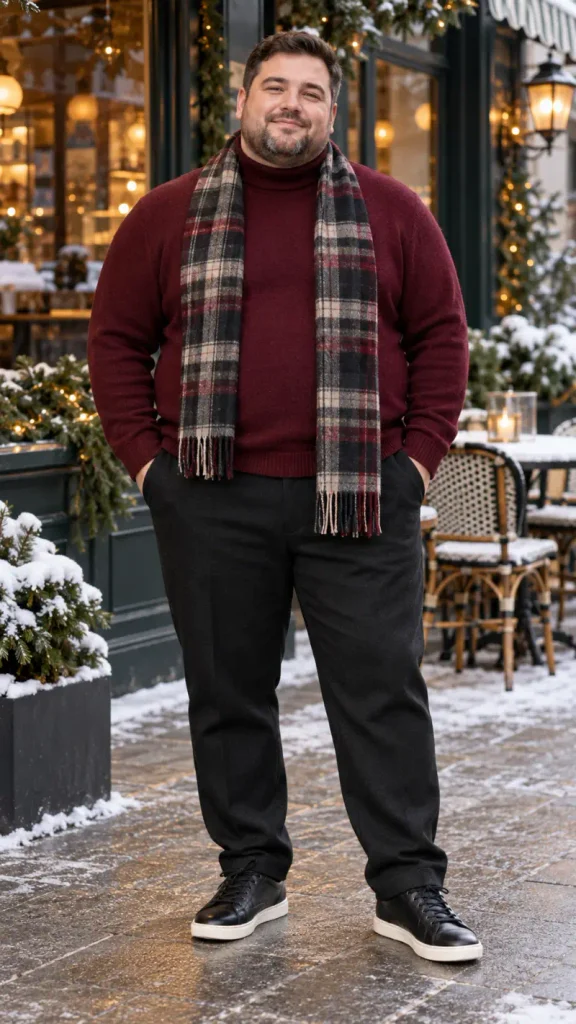 Burgundy Turtlenecks and Plaid Scarf Layers