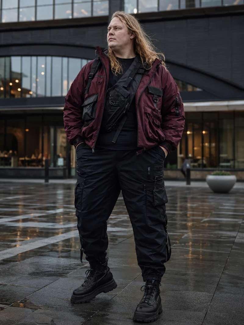 Burgundy Utility Jacket and Black T-Shirt with Tactical Cargo Pants