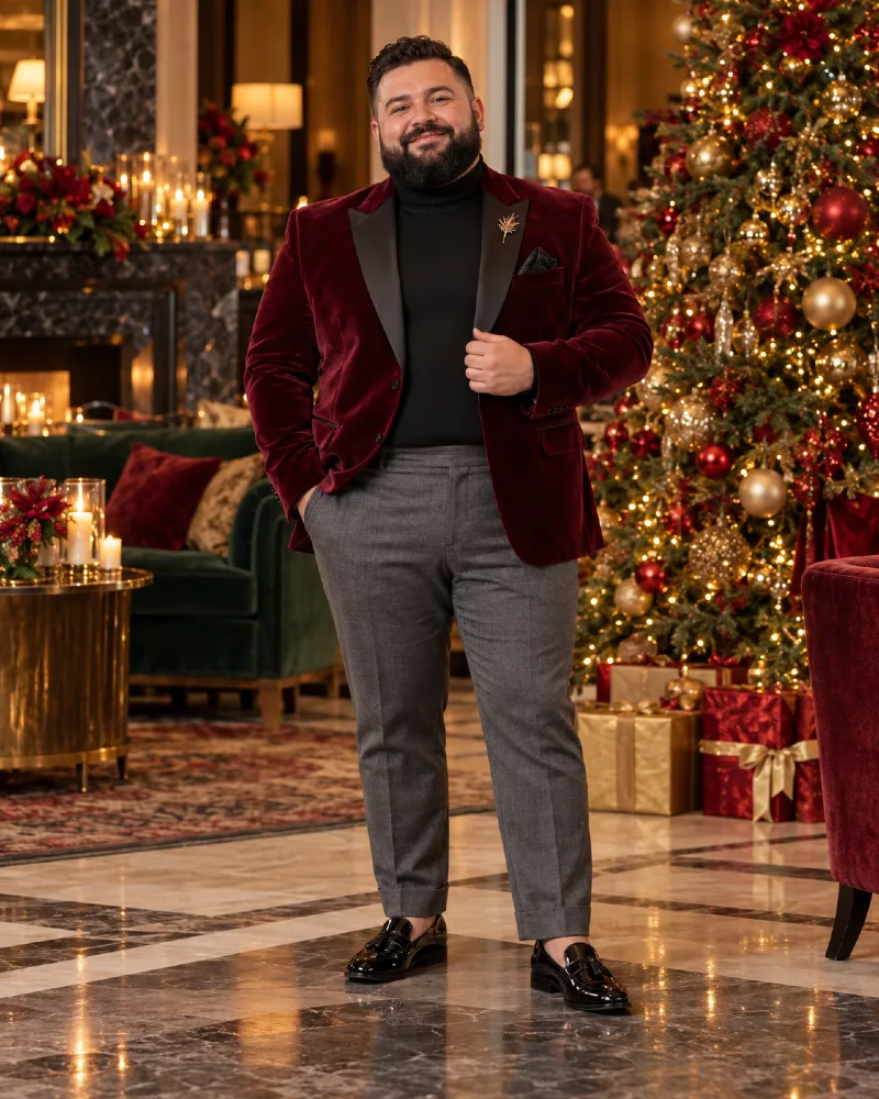 Burgundy Velvet Blazer With Gray Dress Trousers