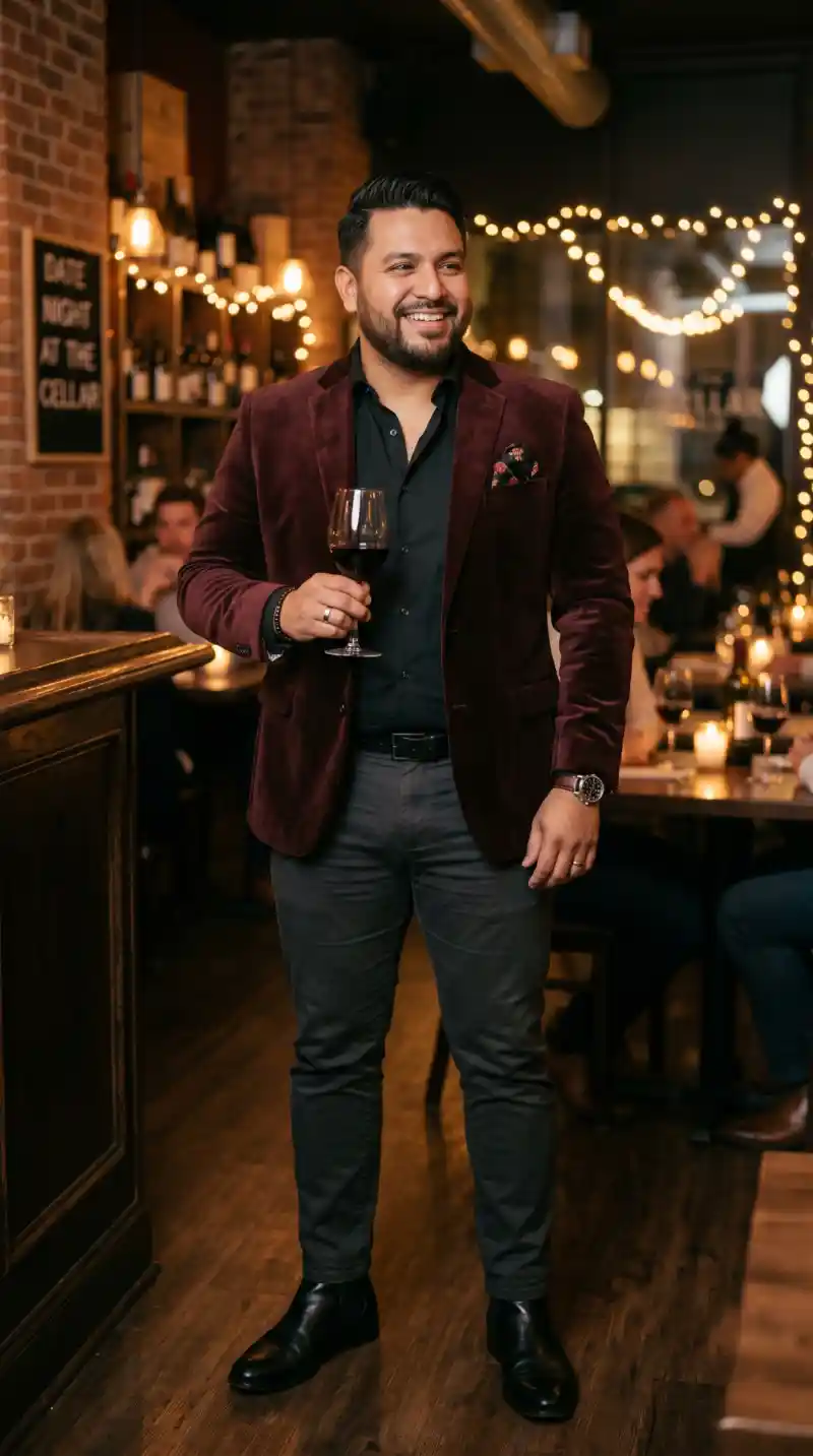 Burgundy Velvet Blazer and Black Button-Down Shirt