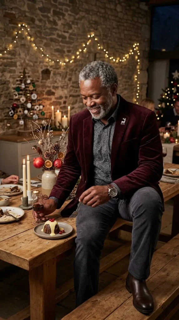 Burgundy Velvet Blazer and Grey Patterned Shirt