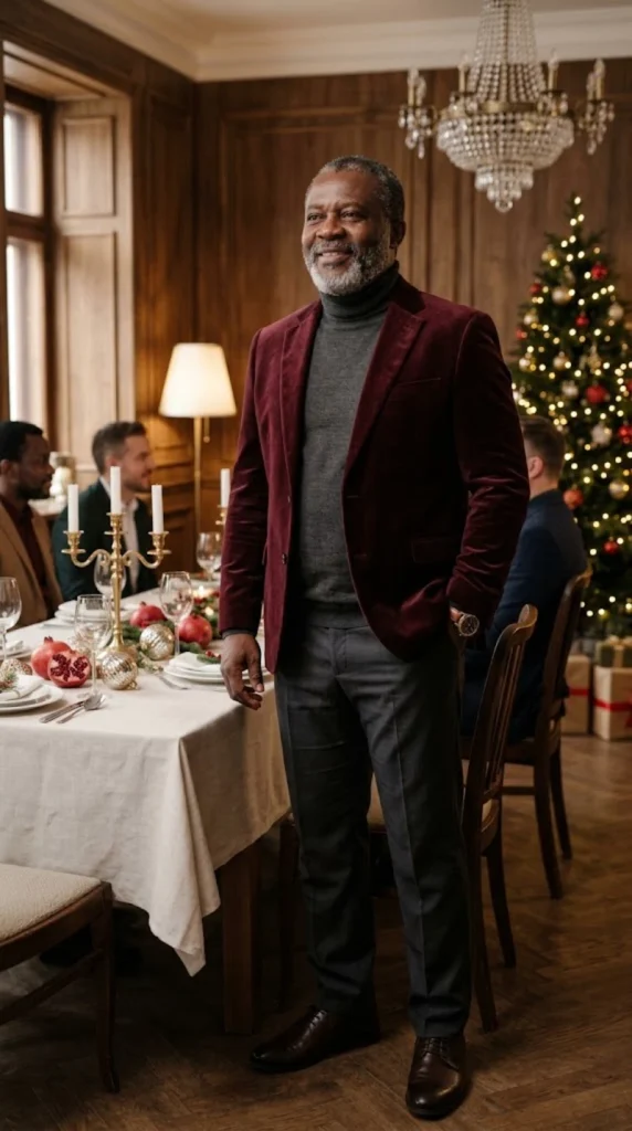 Burgundy Velvet Blazer and Soft Grey Turtleneck