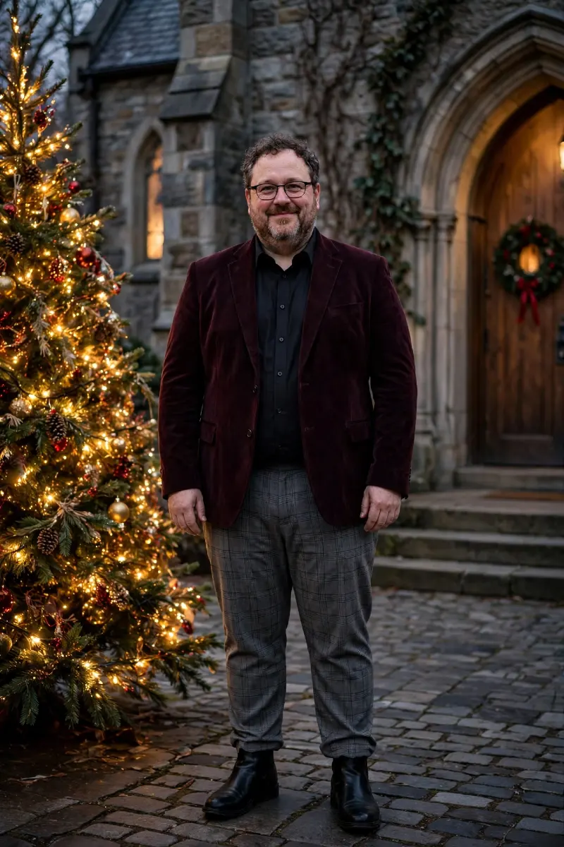 Burgundy Velvet Blazer with Black Button-Down Shirt, Grey Plaid Trousers, and Black Chelsea Boots