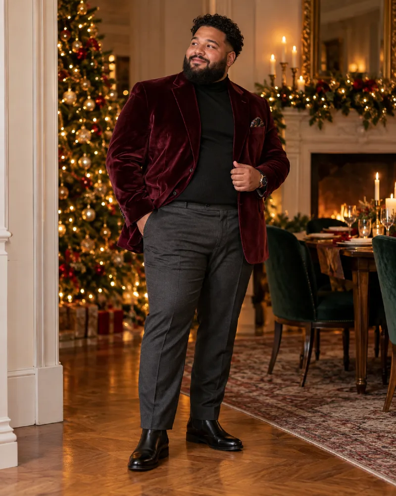 Burgundy Velvet Blazer with Black Turtleneck, Charcoal Trousers, and Black Leather Boots