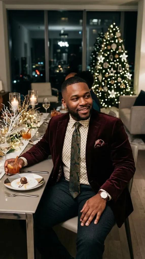 Burgundy Velvet Jacket and Patterned Tie