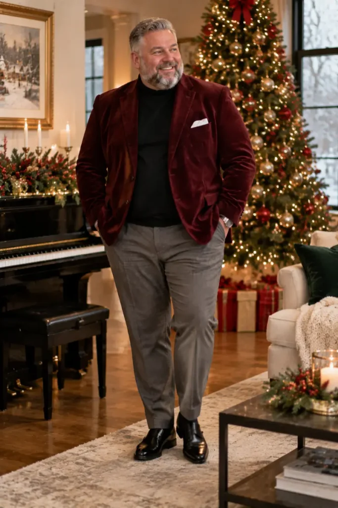 Burgundy Velvet and Crisp Grey Trousers