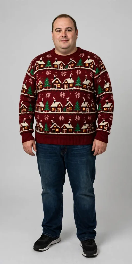 Burgundy Winter Village Landscape Knit