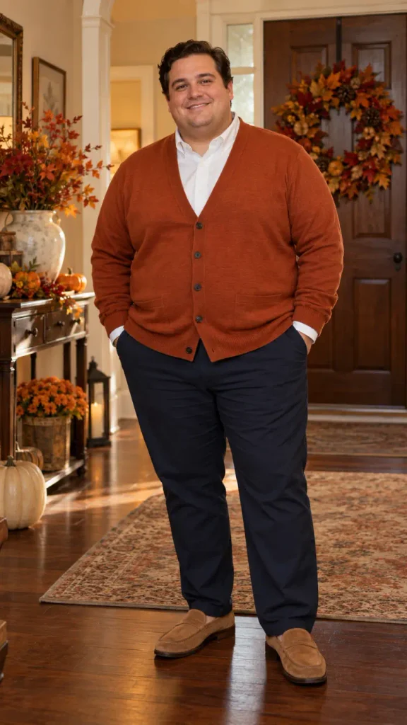 Burnt Orange Cardigan and Crisp White Button Down