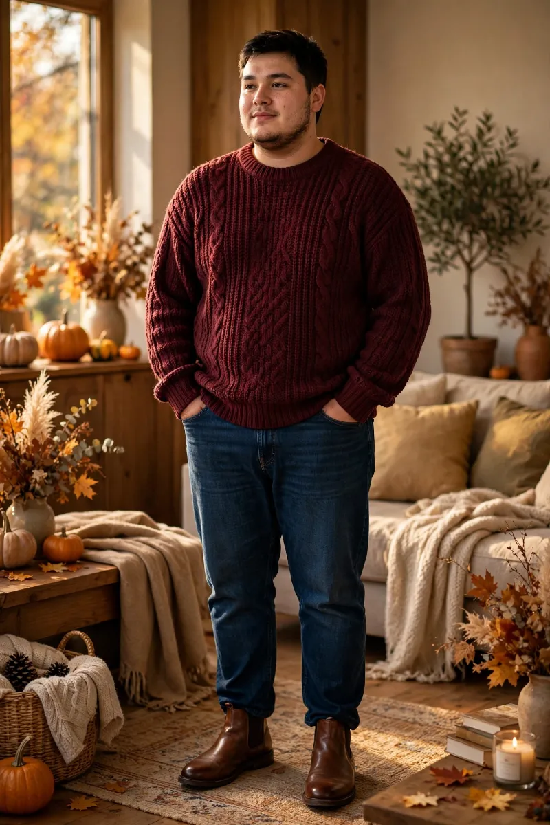 Cable-Knit Burgundy & Denim Combo